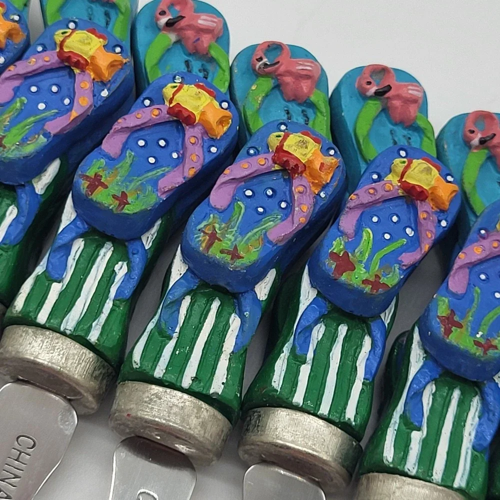Appetizer Forks Novelty Flip Flops Flamingo & Fish Summer Cocktail Set Of 8